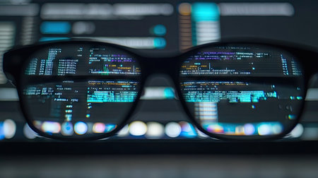 Close-up of a person's eyeglasses reflecting colorful computer code, highlighting focus and digital immersion in a dark roomの素材