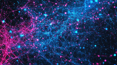 Complex fractal web with intertwining glowing lines in bright blue and pink hues over a dark digital canvasの素材