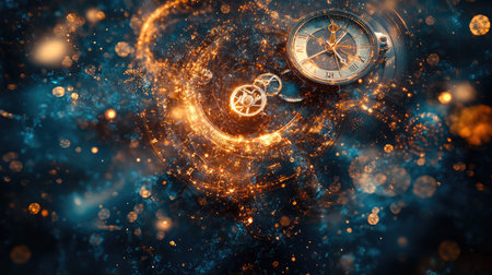 Conceptual abstract image of interconnected timepieces and gears dissolving into particles, symbolizing the fleeting nature of timeの素材