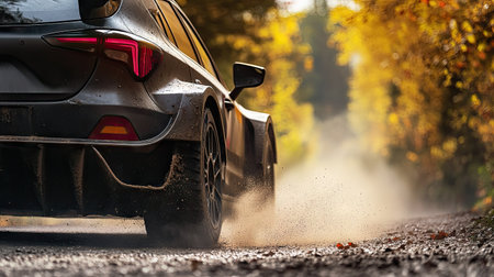 Rear corner shot of a performance hatchback with a rally-style wing spoiler, kicking up dust on a gravel roadの素材