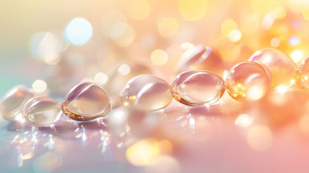 Randomly scattered clear beads on a pastel gradient surface with reflective highlights and a bokeh backgroundの素材