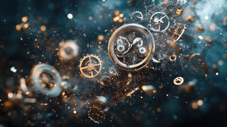 Conceptual abstract image of interconnected timepieces and gears dissolving into particles, symbolizing the fleeting nature of timeの素材