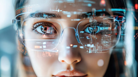 Female face partially visible, eyes focused with glasses showing a faint reflection of a video call interfaceの素材