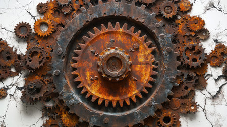Eroded and rusted clock gears arranged in a circular abstract design, suggesting the decay and endurance of timeの素材