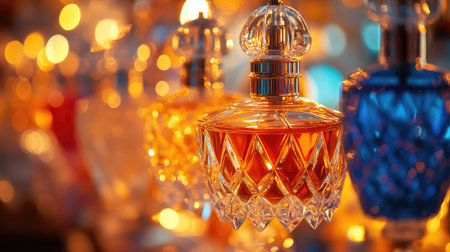 Decorative perfume bottles glowing with subtle color and glass reflections under warm chandelier lightの素材