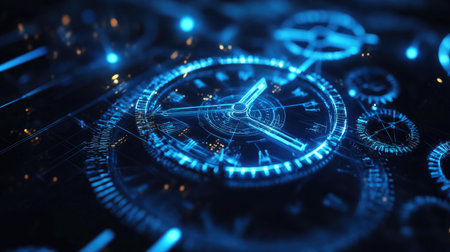 Futuristic digital clock gears overlayed on a dark abstract background with glowing lines and blue neon highlights, symbolizing time and technology fusionの素材