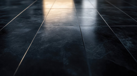 Polished black floor surface with gentle light reflections and a hint of gradient in the backgroundの素材