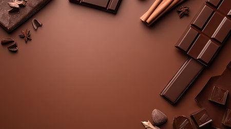 Flat lay of rich chocolate-brown glossy paper background with clean lighting and high detail, perfect for minimalist compositionsの素材