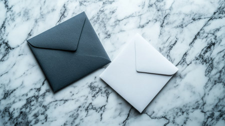 Set of two hotel key cards and room key envelopes on a marble countertop, suggesting luxury travel and reservationの素材