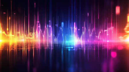 Colorful music waveform pulsing across a black studio background with glow effects and motion blurの素材