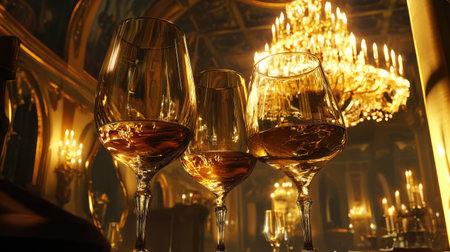 Fine wine glasses reflecting the golden chandelier light above, creating a luxurious and romantic dinner ambianceの素材
