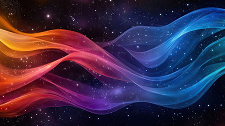 Fluid fractal background with iridescent ribbons of color folding and intertwining across a dark cosmic spaceの素材