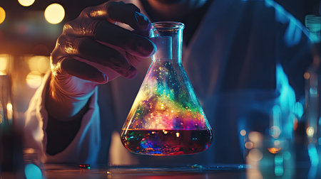 Close-up of a scientist holding a flask with colorful liquid, focused on chemical reaction under bright lab lightingの素材