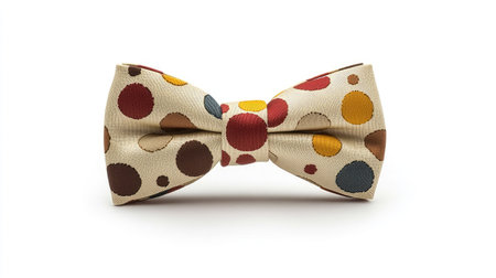Patterned bow tie with polka dots laid flat on a white background, creating a fun and stylish contrastの素材