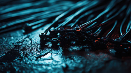 Close-up of cable ties locking together to form a secure loop, with dramatic lighting on a dark industrial surfaceの素材