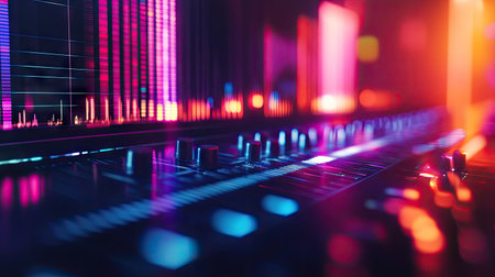 Colorful music waveform pulsing across a black studio background with glow effects and motion blurの素材