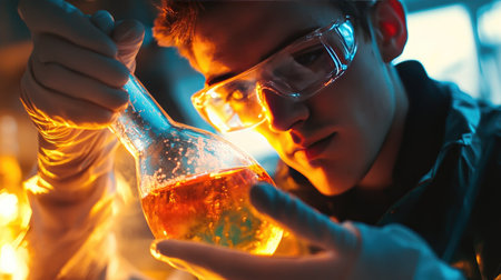 Close-up of a scientist holding a flask with colorful liquid, focused on chemical reaction under bright lab lightingの素材