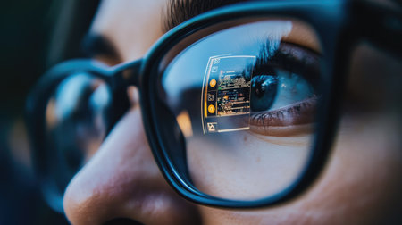 Eyeglasses with a browser's search bar reflected, capturing the moment of online discovery or information searchの素材