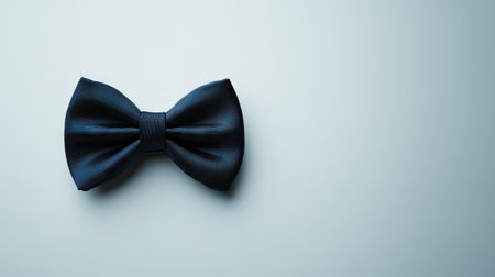 Navy blue bow tie with subtle stripes placed diagonally on a white background, creating visual movement and balanceの素材