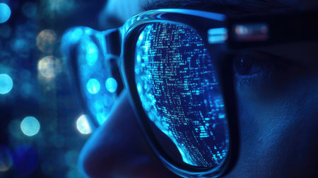 Eyeglasses reflecting a blue-toned screen full of lines of programming code, capturing the essence of a late-night coding sessionの素材