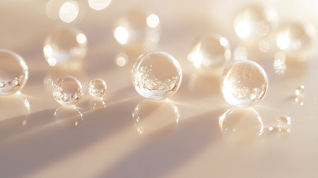 Minimalist photo of clear spherical beads under natural light, with soft shadows and subtle glow on a neutral backgroundの素材