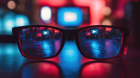Reflection of a YouTube video paused on a screen in glasses, representing streaming and content consumptionの素材