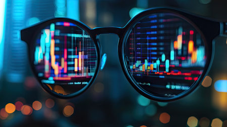 Reflection of a glowing computer screen in round glasses, showing charts and graphs for a data analysis or finance conceptの素材