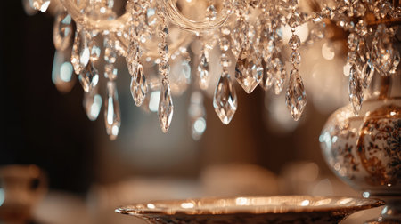 Close-up of fine china on a dining table with crystals above catching and dispersing chandelier light elegantlyの素材