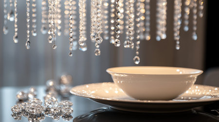 Close-up of fine china on a dining table with crystals above catching and dispersing chandelier light elegantlyの素材