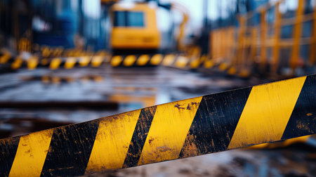 Close-up of yellow and black striped warning tape stretched across a construction zone with blurred industrial backgroundの素材