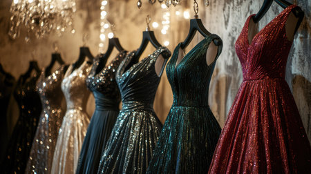 Elegant evening gown fabric with sequins shimmering under soft chandelier light, capturing luxurious textureの素材