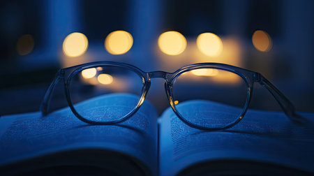 Nighttime study session scene with code or research reflected in clear lenses, backdropped by soft ambient lightの素材