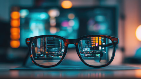 Reflection of digital art software UI in creative designer's glasses, adding depth to a modern artistic workspaceの素材