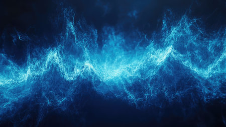 Digital waveform with peaks and troughs in electric blue, set against a dark tech background, ideal for sound design themesの素材