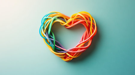 Colorful rubber bands forming a heart shape on a soft pastel background, symbolizing creativity, love, and playfulnessの素材