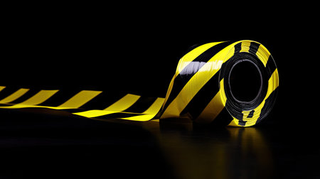Roll of yellow and black striped hazard tape unfurling dramatically against a solid black backdrop for bold visual impactの素材