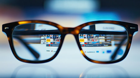 Eyeglasses with a browser's search bar reflected, capturing the moment of online discovery or information searchの素材