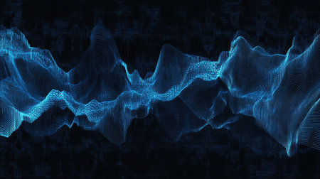 Digital waveform with peaks and troughs in electric blue, set against a dark tech background, ideal for sound design themesの素材