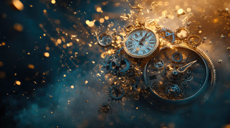 Conceptual abstract image of interconnected timepieces and gears dissolving into particles, symbolizing the fleeting nature of timeの素材