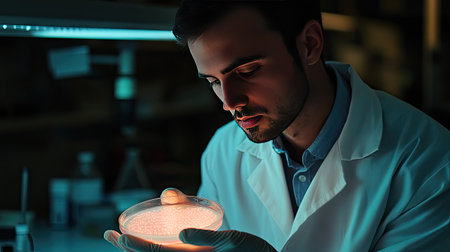 Focused scientist holding a petri dish with a glowing substance, examining under lab lights with scientific tools nearbyの素材