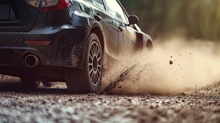 Rear corner shot of a performance hatchback with a rally-style wing spoiler, kicking up dust on a gravel roadの素材