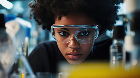 Researcher in safety goggles analyzing a yellow chemical substance in a test tube, with laboratory glassware in the backgroundの素材