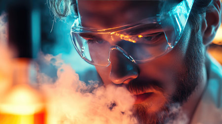 Scientist examining a reaction in a glass container, with chemical smoke rising and a serious expression on their faceの素材