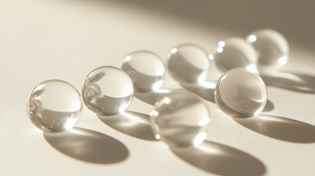 Minimalist photo of clear spherical beads under natural light, with soft shadows and subtle glow on a neutral backgroundの素材