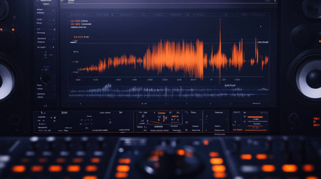 Real-time voice waveform on a black interface screen with dynamic changes and soft glow, ideal for podcasts or voiceoversの素材