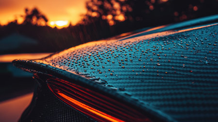 Moody sunset lighting over a carbon fiber spoiler wing, droplets of water beading on the surface of a freshly washed car trunkの素材