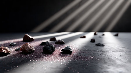 Random dark rock particles spread on a smooth floor with directional shadow lightingの素材
