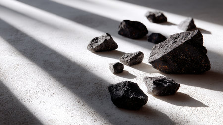 Scattered dark volcanic rock fragments on a light gray surface with high contrast lighting and shadow playの素材