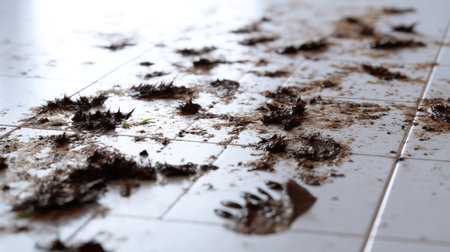 Random muddy footprints scattered across a white floor, messy and unorganizedの素材