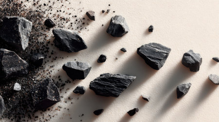 Scattered jet-black stone pieces on an ivory background, with fine dust and minimal colorの素材